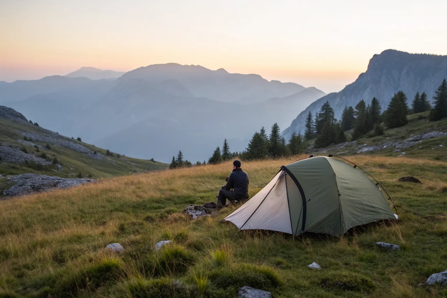 Petite tente de bivouac montée sur une prairie de montagne au crépuscule, un randonneur assis à côté, vu de dos