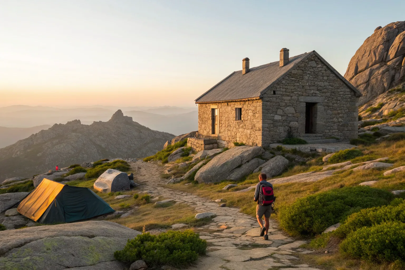 Refuge de montagne en pierre au coucher du soleil, une tente sur l'aire de bivouac et un randonneur de dos qui rejoint le refuge