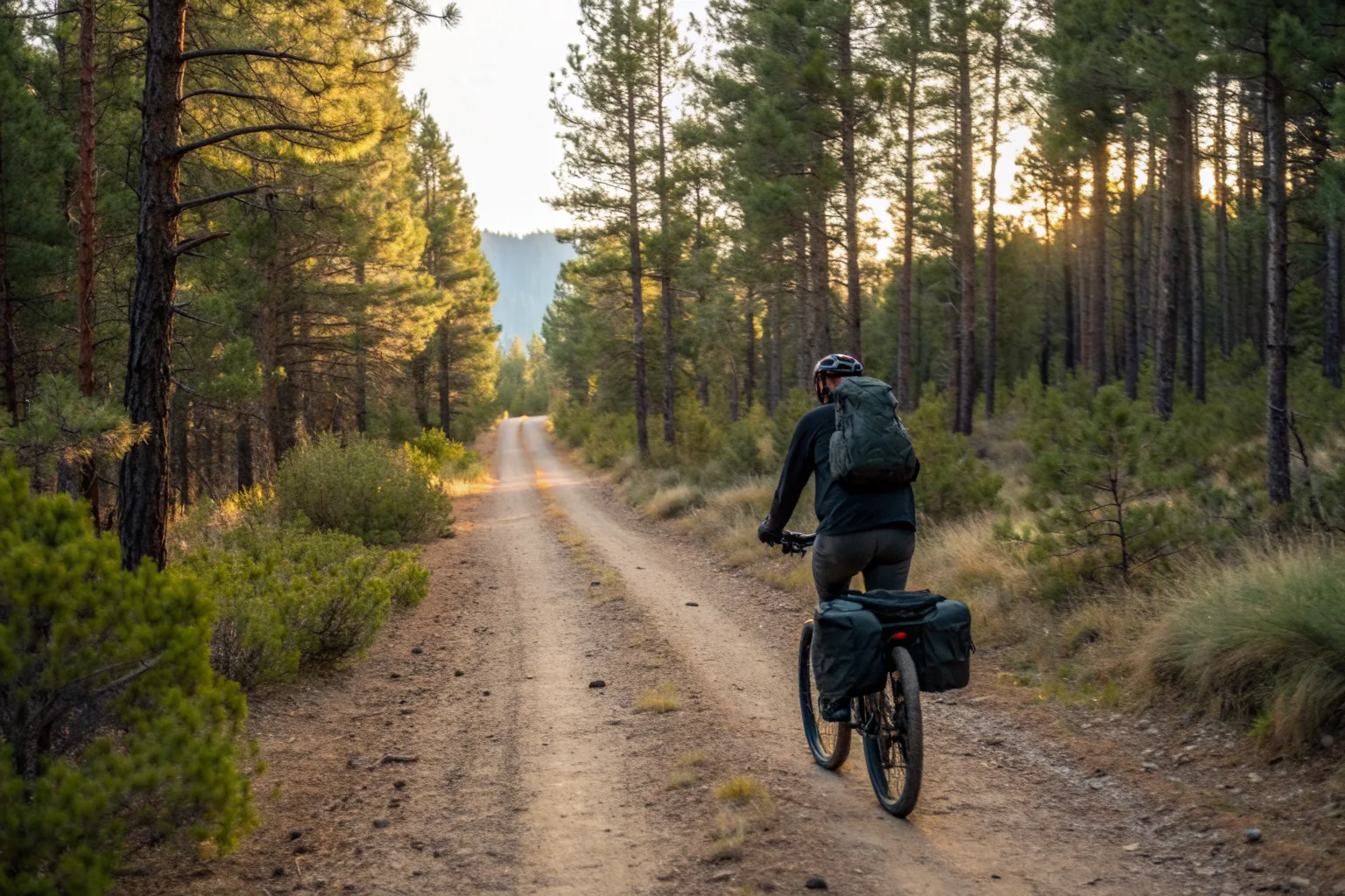 Cycliste vu de dos sur un VTT chargé de sacoches, roulant sur une piste forestière entre les pins