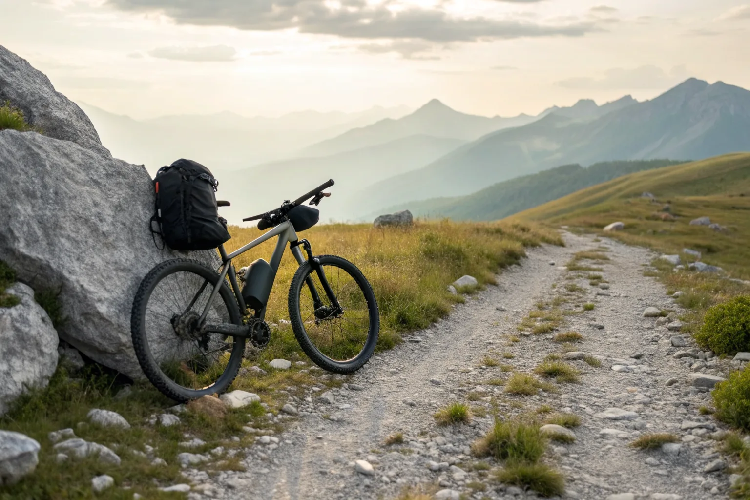 VTT semi-rigide équipé de sacoches de bikepacking appuyé contre un rocher au bord d'un chemin de montagne